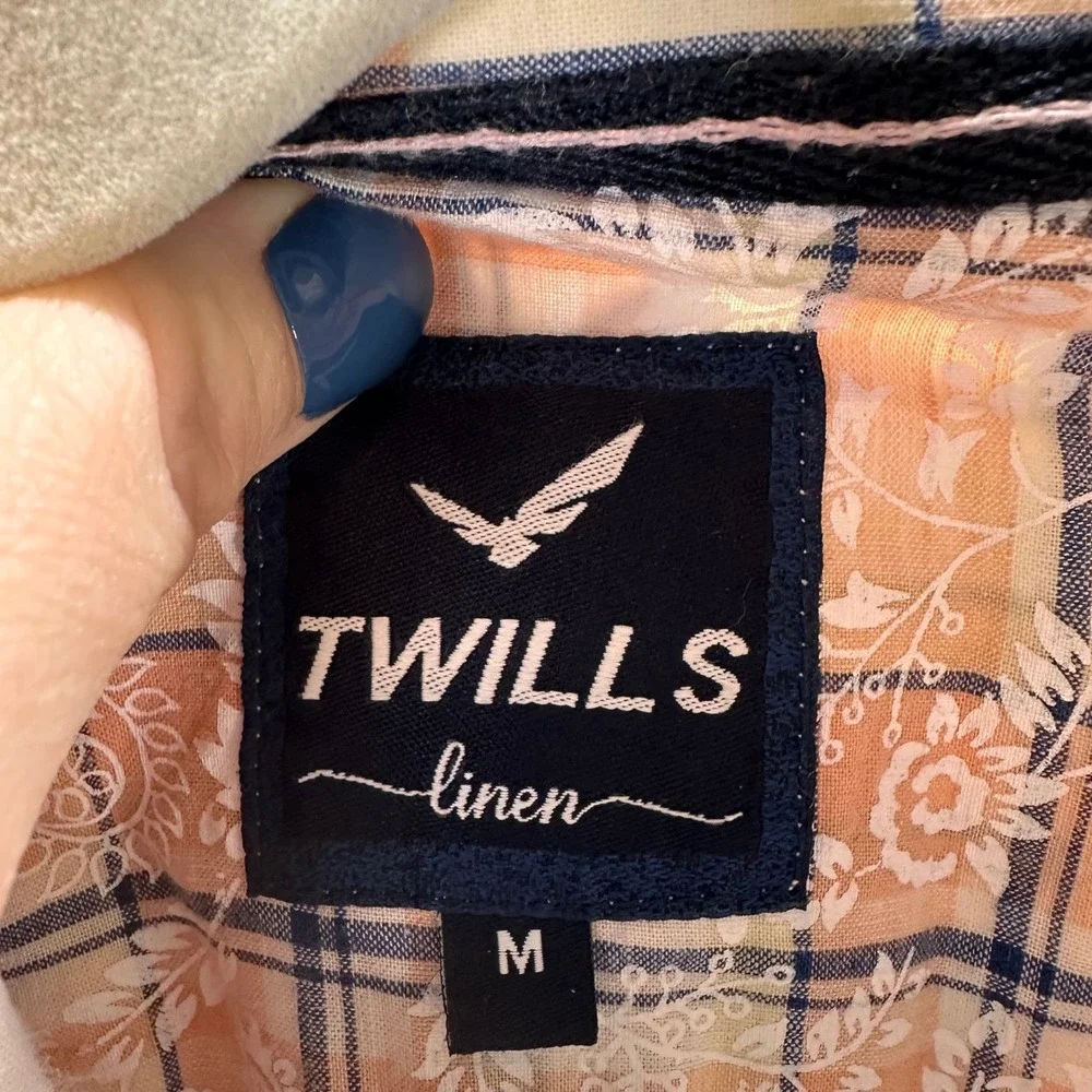 Twill Linen Plaid Peach Orange‎ Button Down Short Sleeve Shirt Mens Medium